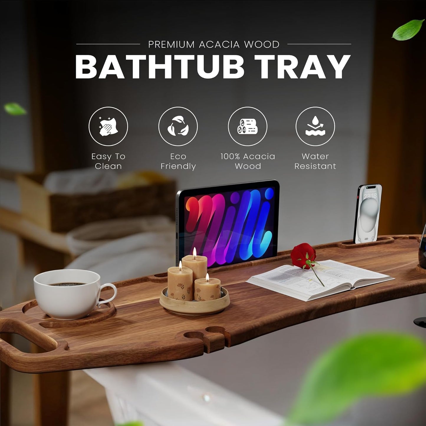 Premium Acacia Wood Bath Tray, Bathtub Tray, Bath Table, Bath Caddy, Fit Most Bath 35X9 Inch, Adjustable Rubber Bumpers No Tools,Bath Tray for Tub,Bath Tub Tray,Bath Tub Tray Wood, Bath Table Tray