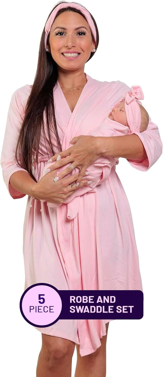 Mommy Robe for Maternity and Baby Swaddle Blanket, Milk Silk Matching Delivery Robe and Swaddling Wrap for Mom and Baby (Solid Pink, S/M (0-12))