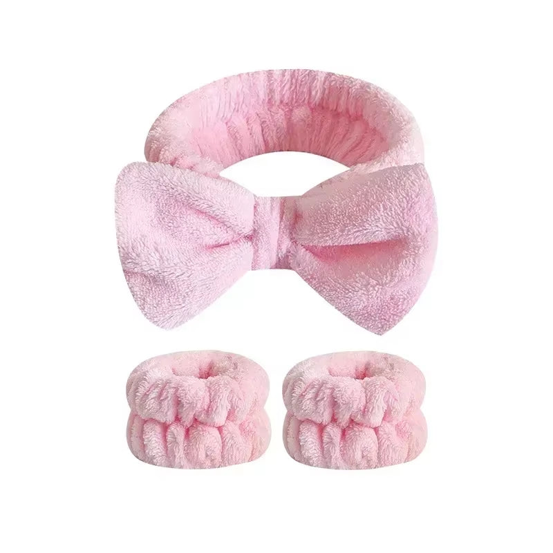 2/3Pcs Bow Headband Wristband Set Towel Elastic Soft Washing Face Shower Make up Yoga Sports Skincare Headband for Women Girls