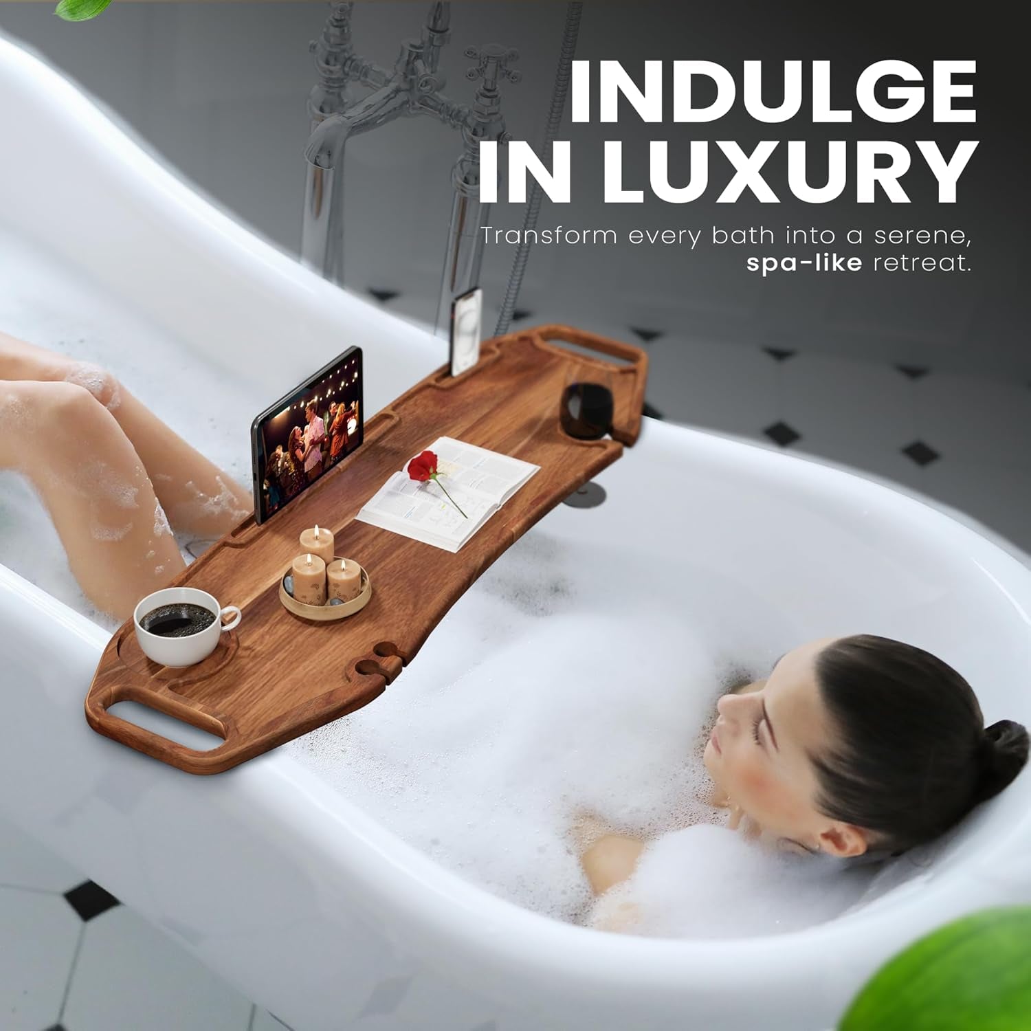 Premium Acacia Wood Bath Tray, Bathtub Tray, Bath Table, Bath Caddy, Fit Most Bath 35X9 Inch, Adjustable Rubber Bumpers No Tools,Bath Tray for Tub,Bath Tub Tray,Bath Tub Tray Wood, Bath Table Tray