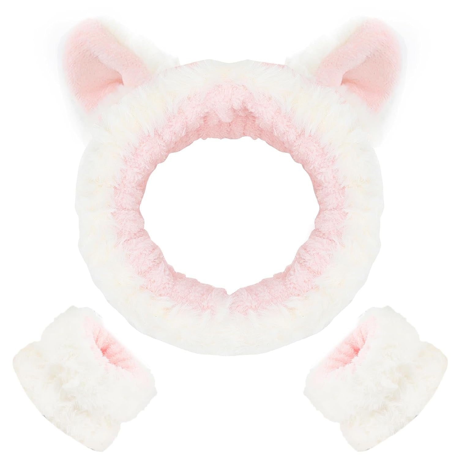 3PCS Spa Headband and Wristband Set, Cute Cat Ears Headband for Washing Face Makeup Headband Face Wash Headband Wrist Bands(White 02)