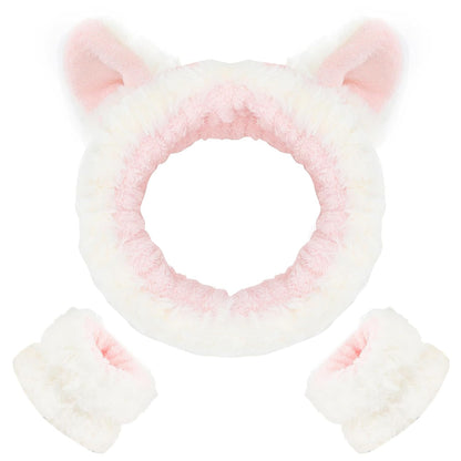 3PCS Spa Headband and Wristband Set, Cute Cat Ears Headband for Washing Face Makeup Headband Face Wash Headband Wrist Bands(White 02)