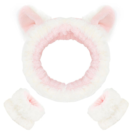 3PCS Spa Headband and Wristband Set, Cute Cat Ears Headband for Washing Face Makeup Headband Face Wash Headband Wrist Bands(White 02)