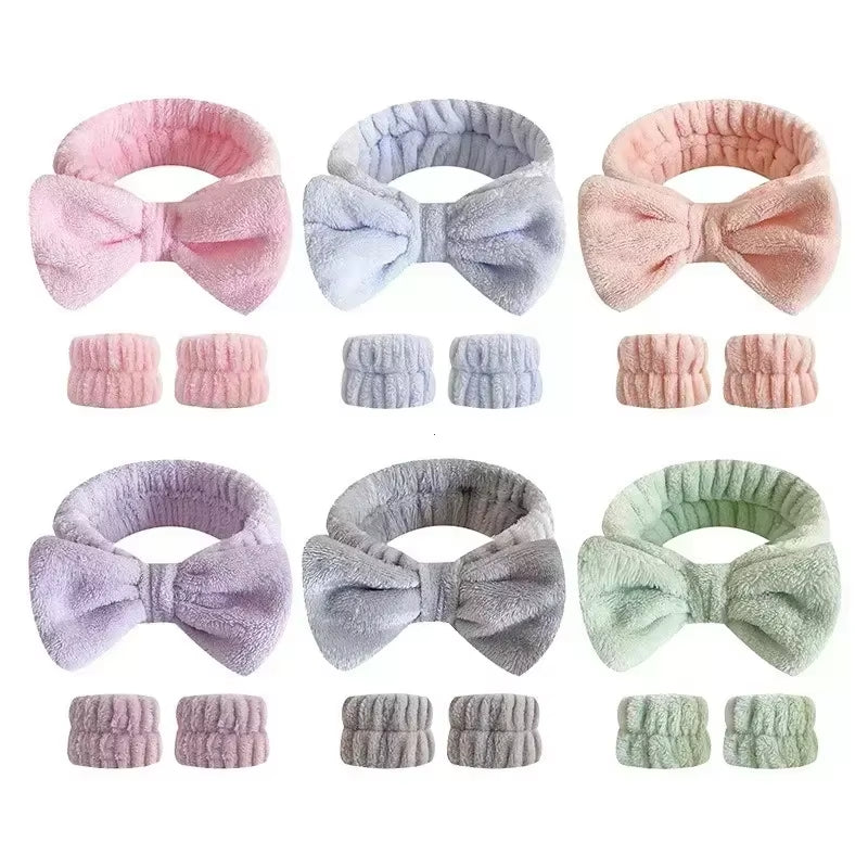 2/3Pcs Bow Headband Wristband Set Towel Elastic Soft Washing Face Shower Make up Yoga Sports Skincare Headband for Women Girls