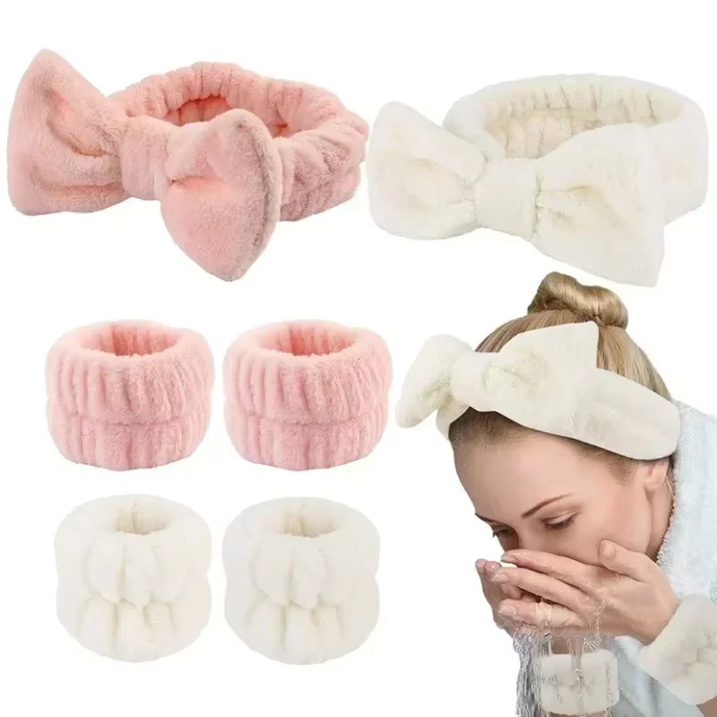 2/3Pcs Bow Headband Wristband Set Towel Elastic Soft Washing Face Shower Make up Yoga Sports Skincare Headband for Women Girls