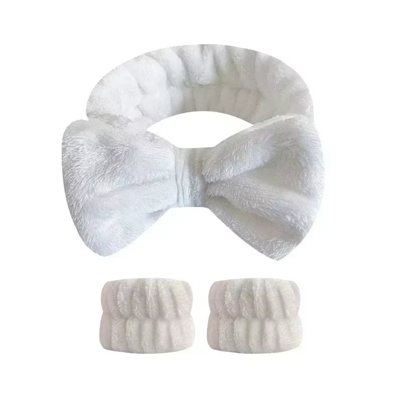 2/3Pcs Bow Headband Wristband Set Towel Elastic Soft Washing Face Shower Make up Yoga Sports Skincare Headband for Women Girls